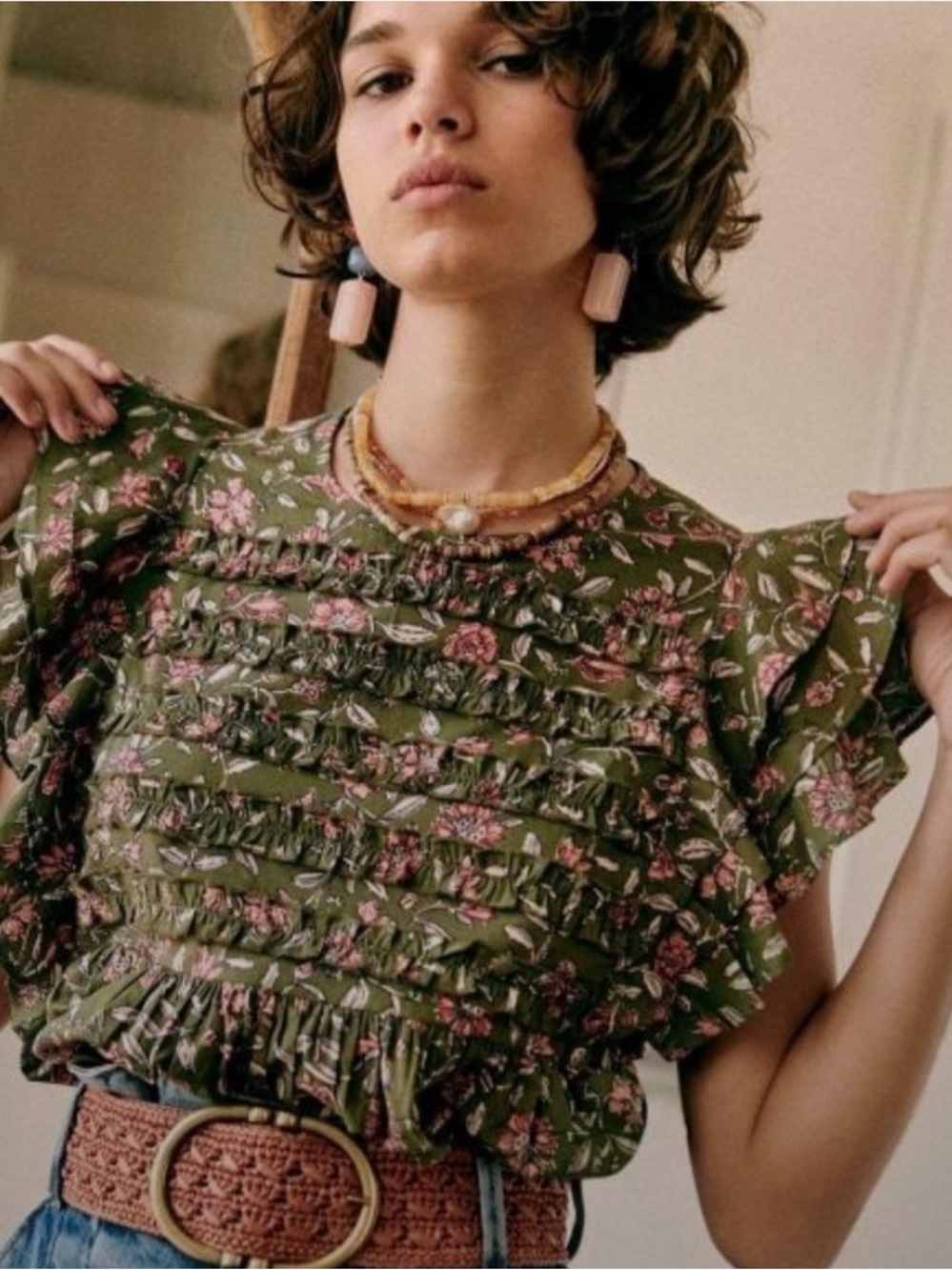 Sezane Olive Green Floral Ruffled Blouse